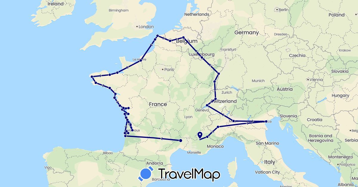 TravelMap itinerary: driving in Belgium, Switzerland, France, Italy, Luxembourg (Europe)